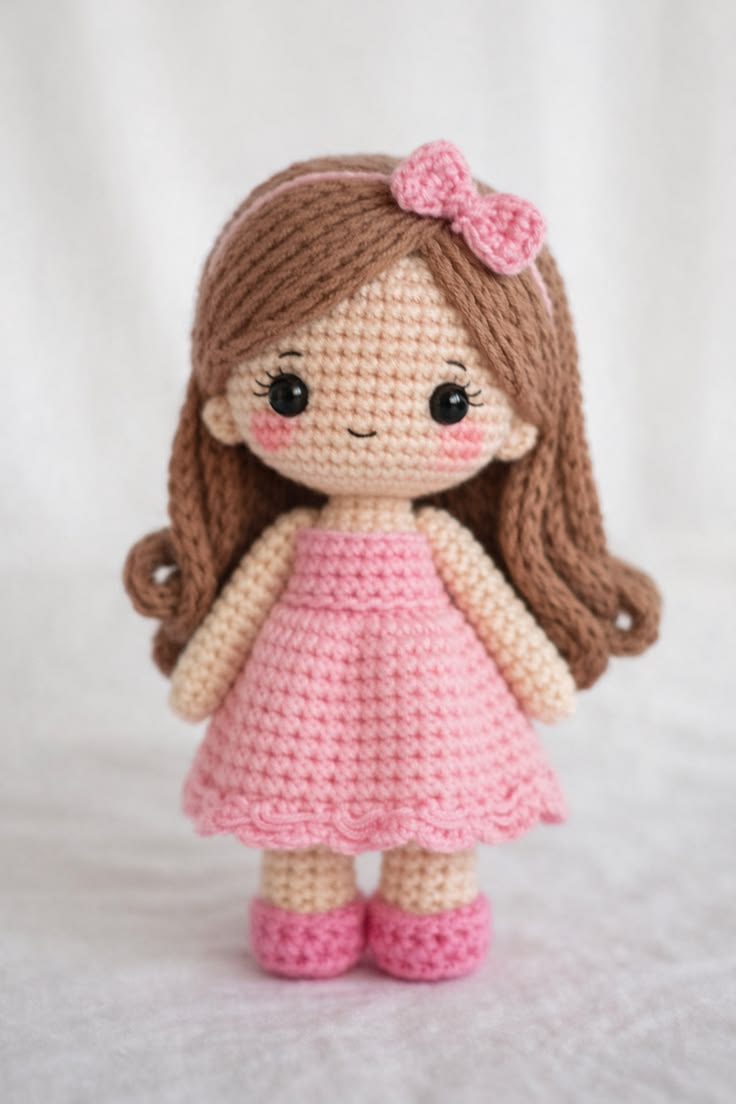 Boneca de crochê com vestido rosa
